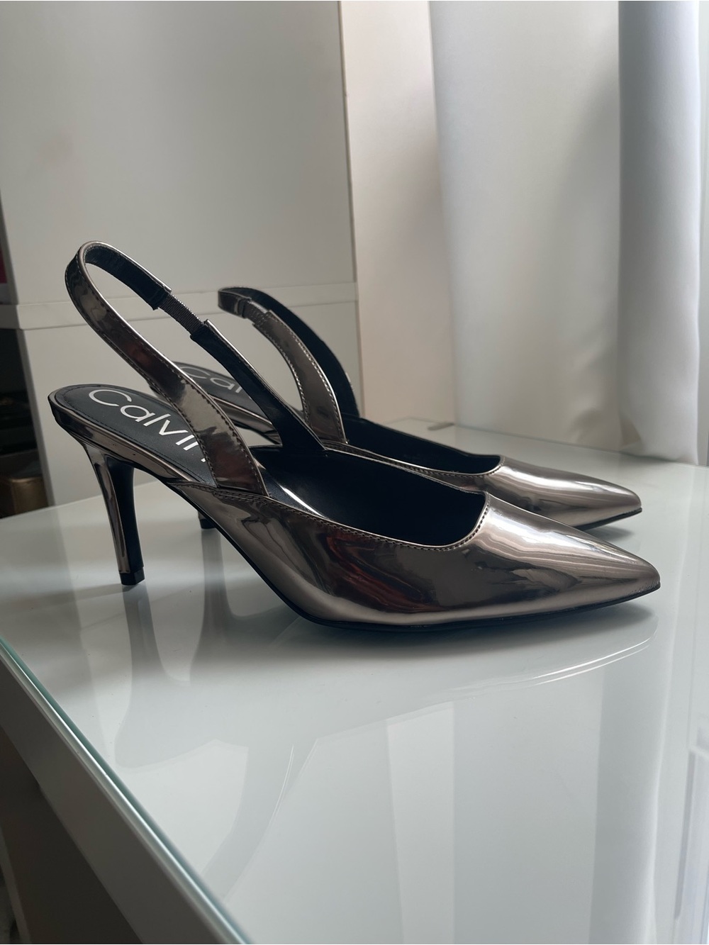 Calvin Klein Metallic Pewter Slingback Pointed-Toe Pumps